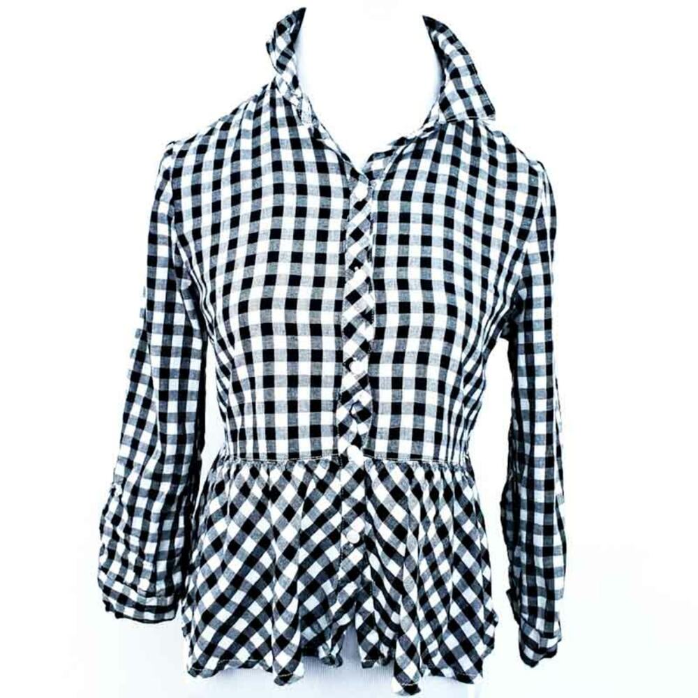 Love Notes Gingham Black White Shirt 3/4 Sleeve Medium Women Peplum Hem Collar